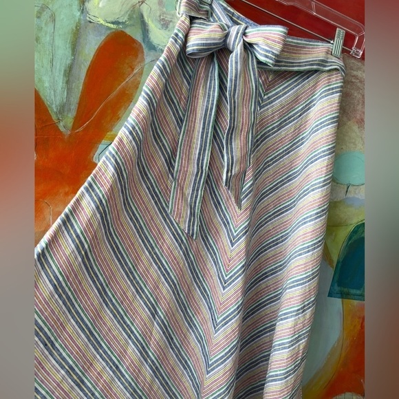 Talbots Skirt Size 4 Rainbow Chevron Linen Aline Midi Linen Blend Belted Waist - Picture 3 of 6